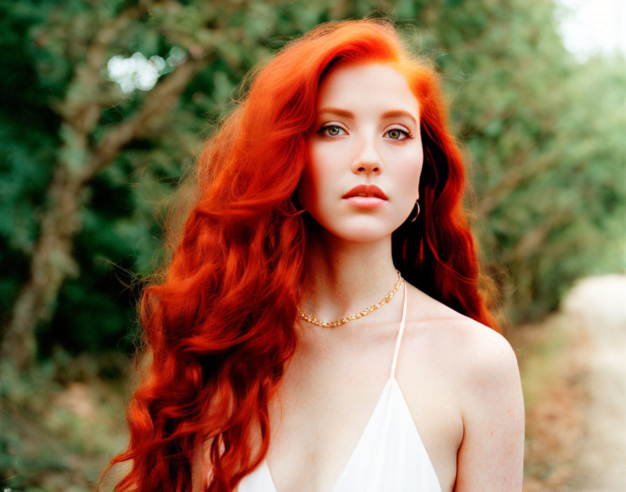 Red-haired woman in white dress with gold necklace in forest setting