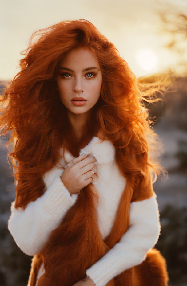 Red-haired woman in white sweater with blue eyes against sunset background