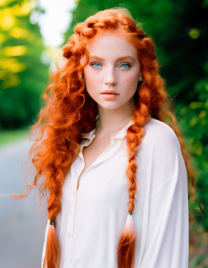 Vivid red-haired woman in white blouse against greenery backdrop