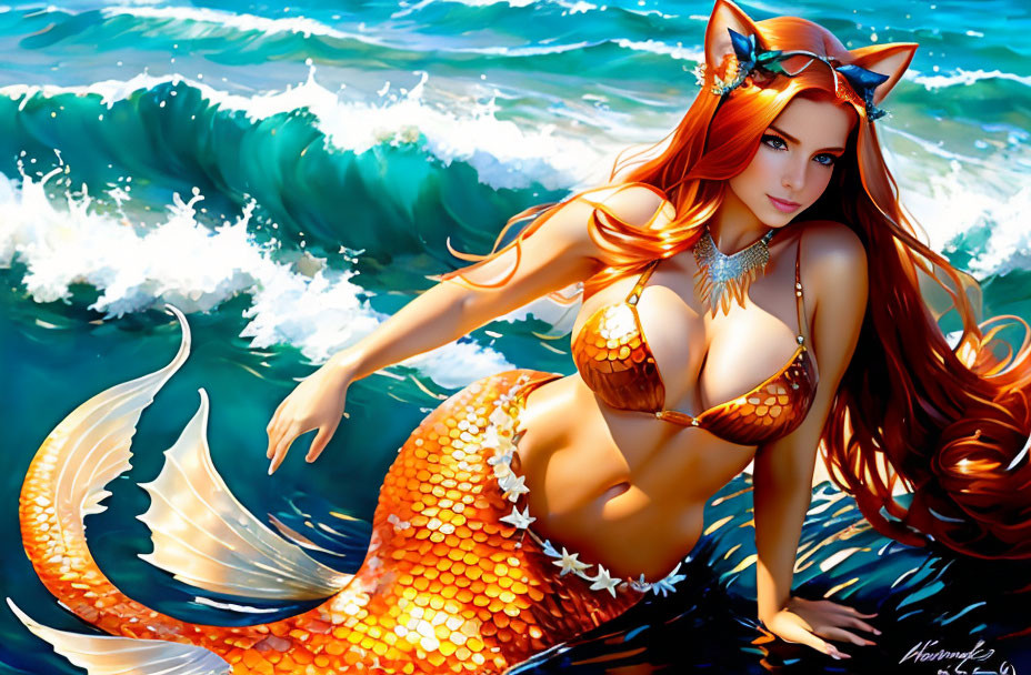 Colorful Mermaid Illustration with Orange Hair and Tail on Rock in Ocean