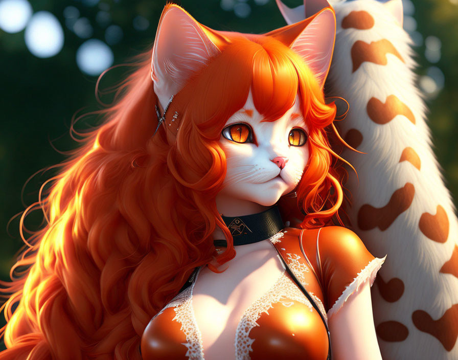 Anthropomorphic orange cat with long wavy hair and yellow eyes in black choker and orange outfit