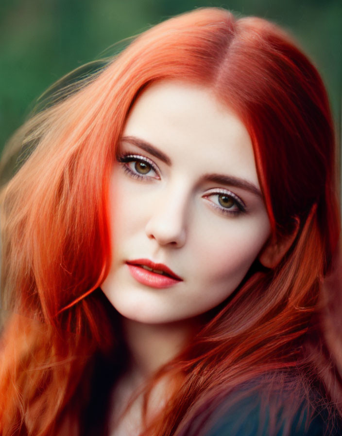 Woman with Red Hair and Green Eyes in Portrait Against Blurred Green Background