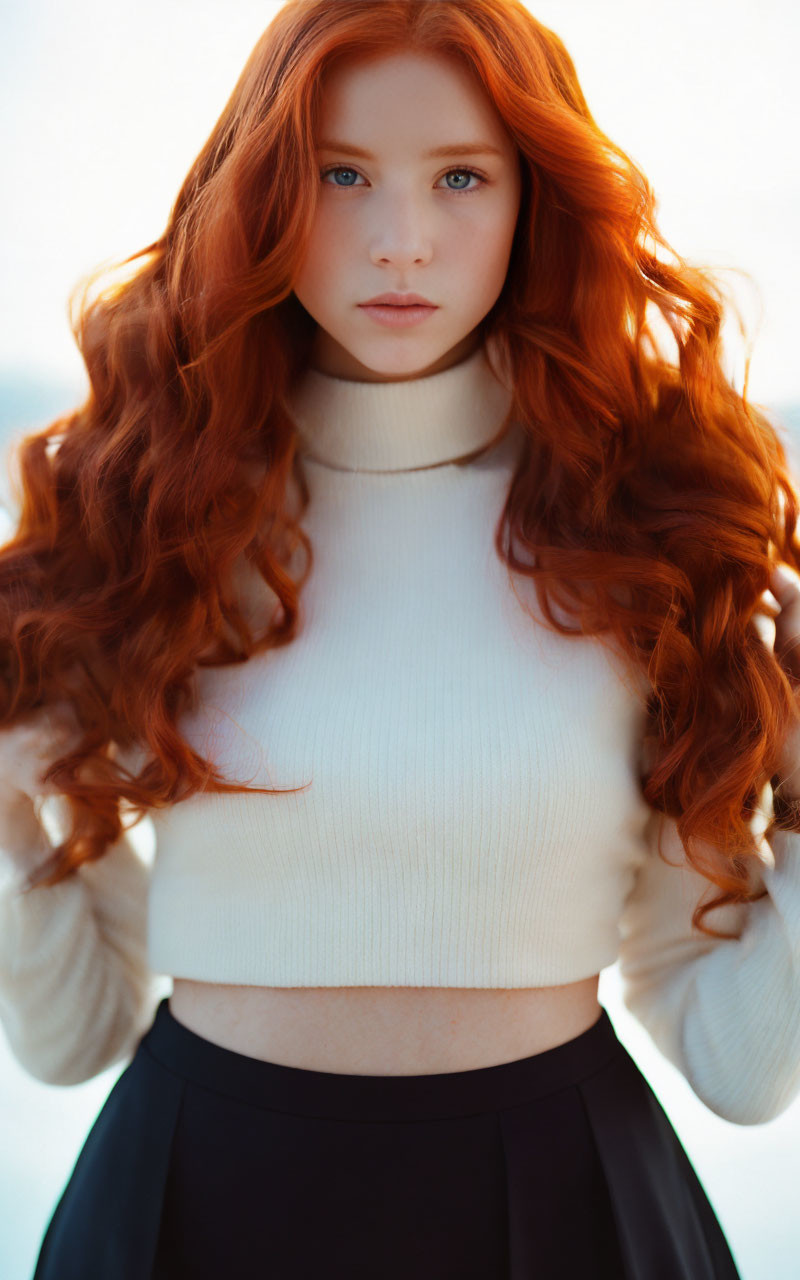 Red-haired woman in white turtleneck and black skirt with serious expression