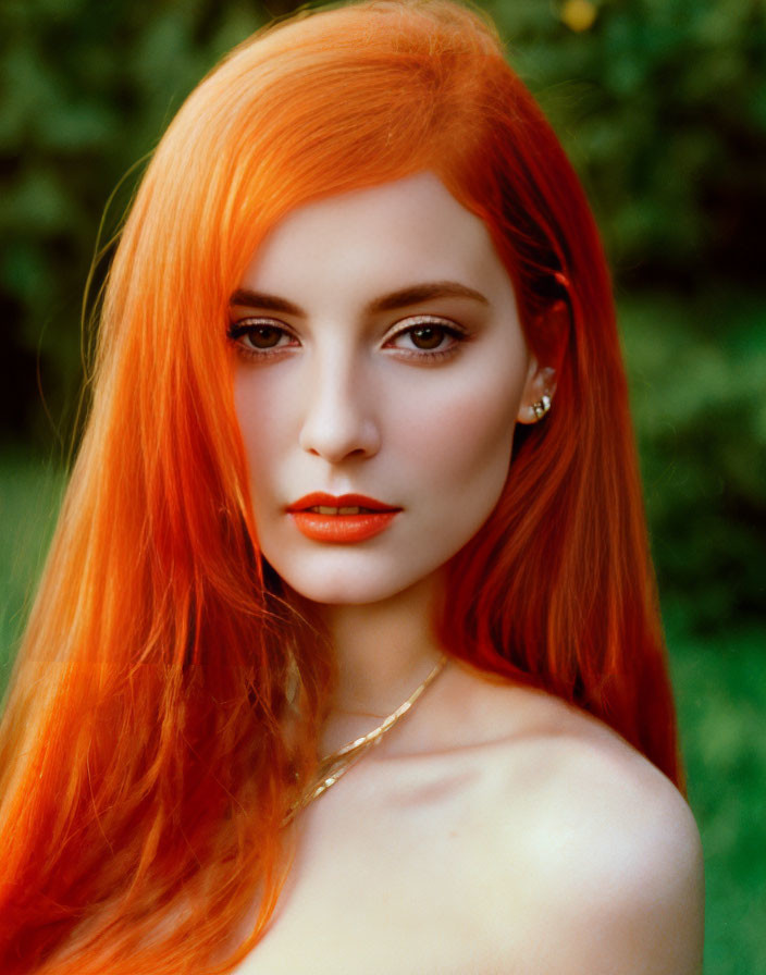 Bright orange hair and lipstick on a woman with pale skin against a green backdrop