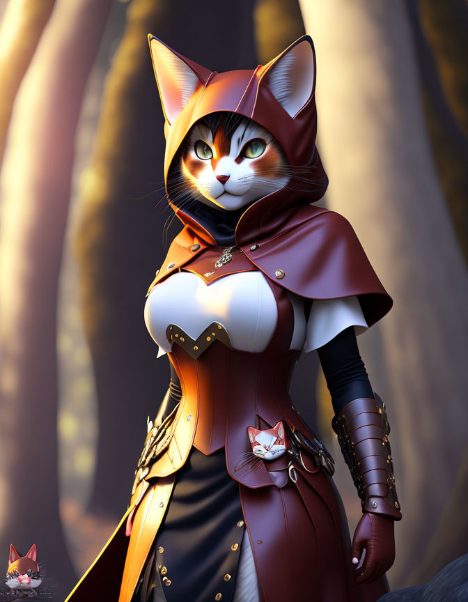 Anthropomorphic cat character in medieval fantasy attire against forest backdrop