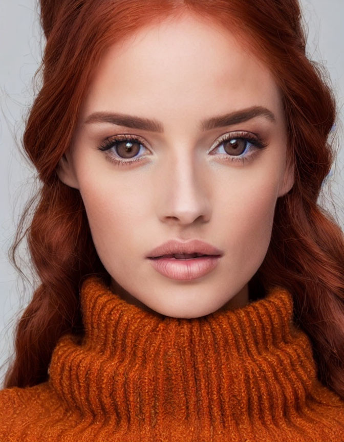 Portrait of Woman with Red Hair and Blue Eyes in Turtleneck Sweater