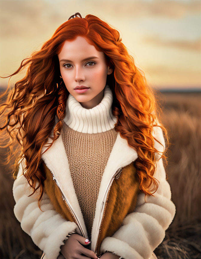 Vivid red-haired woman in cream fur jacket at sunset in field