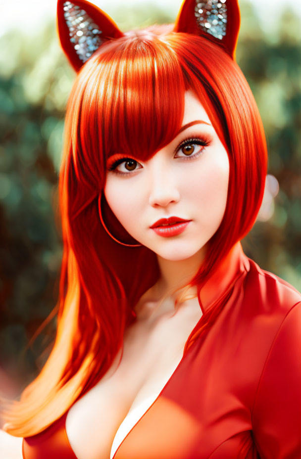 Cosplayer with red hair and cat ears in deep neckline red costume