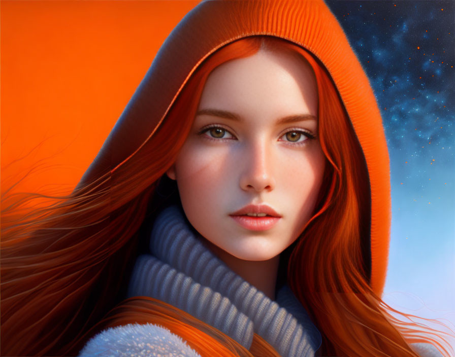 Digital portrait of woman with red hair and green eyes in orange hood against starry night sky.