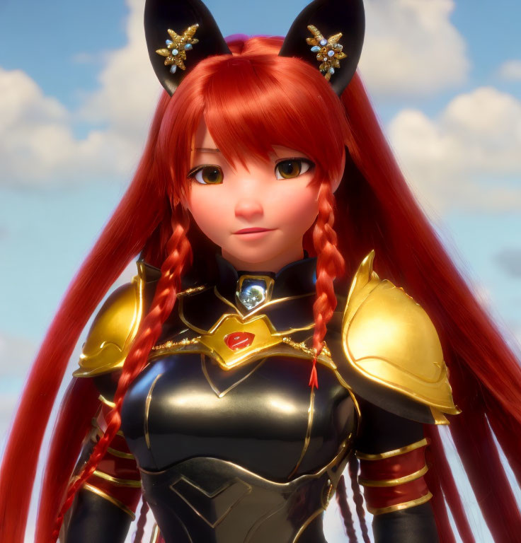 Red-haired female character in black and gold armor under a blue sky