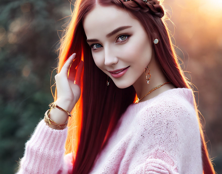 Red-haired woman with braids in pink sweater, smiling in sunlit setting