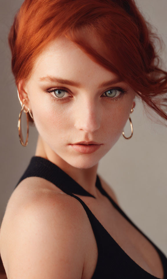 Vibrant red hair woman with blue eyes in hoop earrings and black top gazes at camera