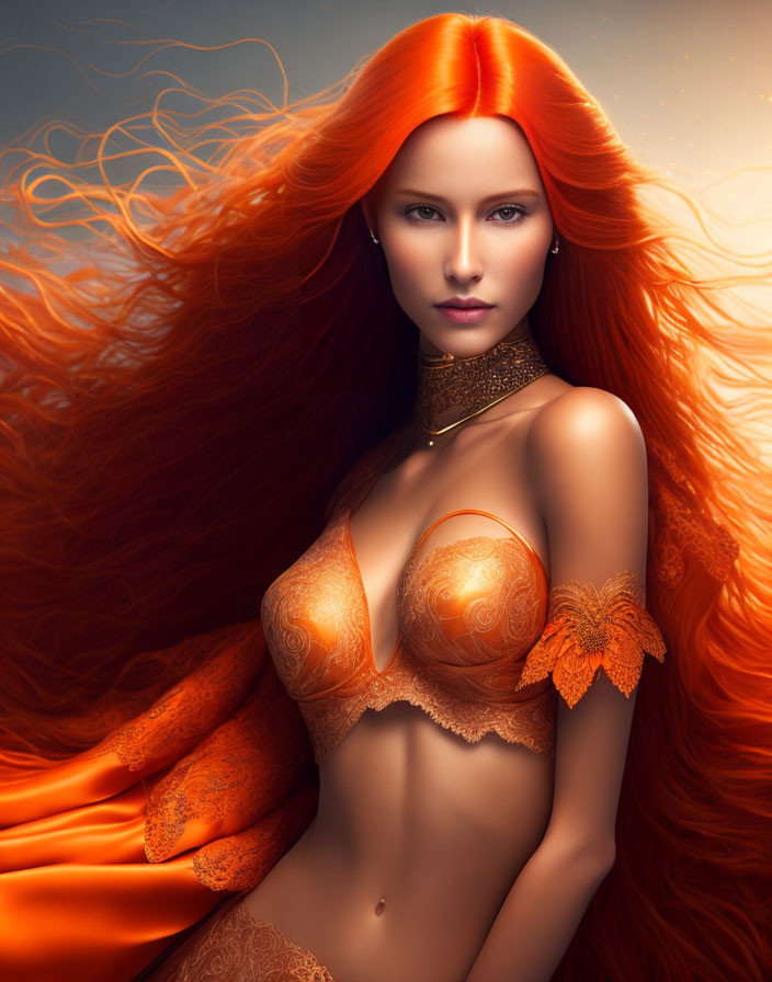 Digital art portrait of woman with flowing red hair and intricate orange clothing in warm setting