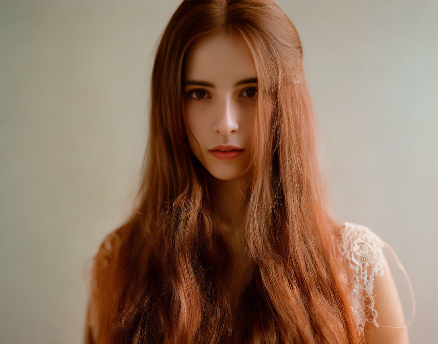 Auburn-haired woman in lace garment on neutral backdrop