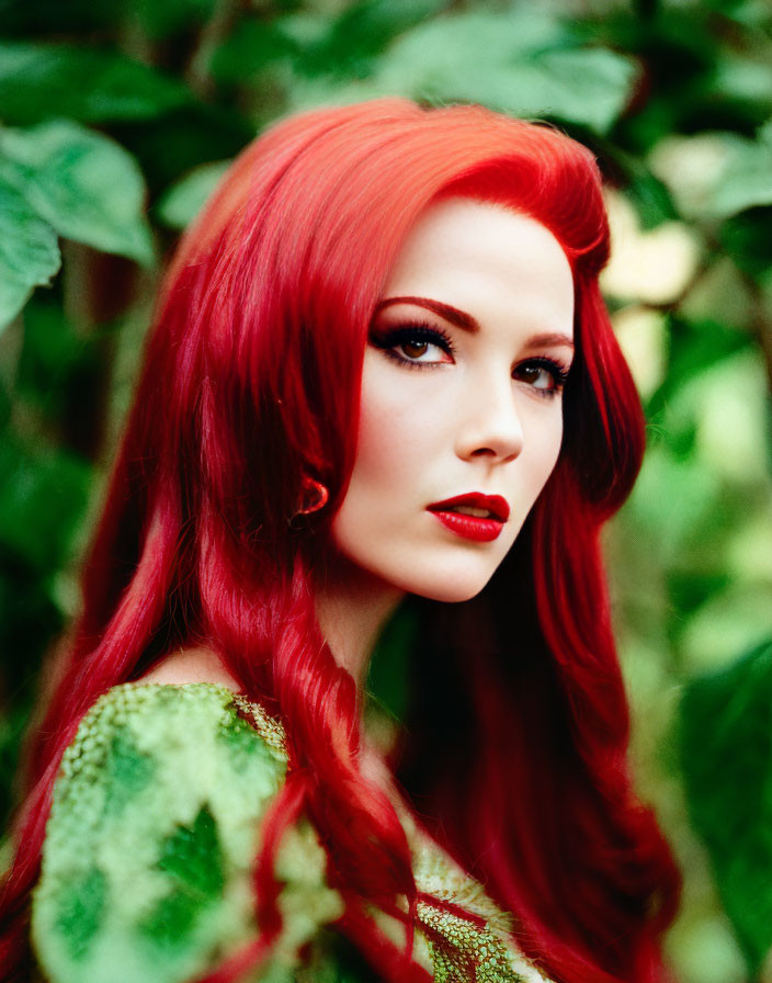 Vibrant woman with red hair and lipstick against green leaf backdrop