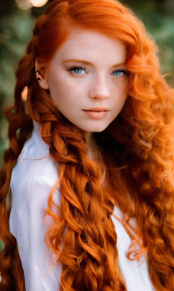 Red-haired woman in white blouse against blurred nature backdrop