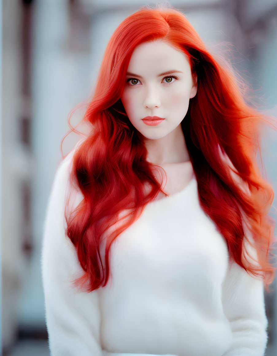 Red-haired woman in white top gazes at camera against blurred backdrop