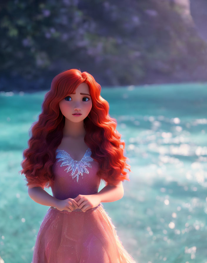 Long Red-Haired 3D Animated Character in Purple Dress by Turquoise Sea