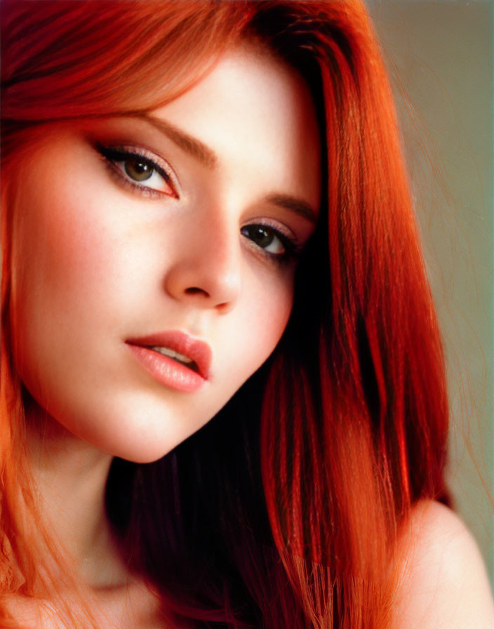 Portrait of woman with long red hair and striking eye makeup