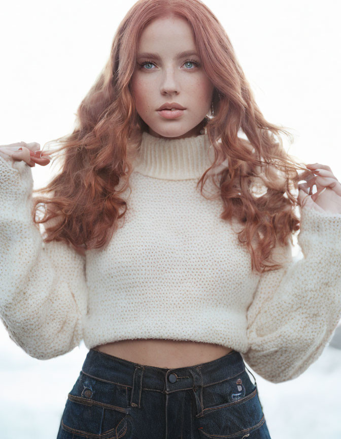 Red-haired woman in cream turtleneck and denim, snowy backdrop