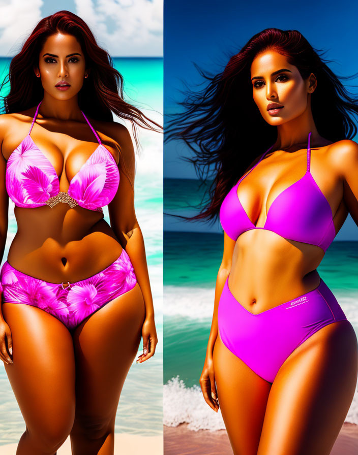 Digitally illustrated woman in pink bikini on beach.