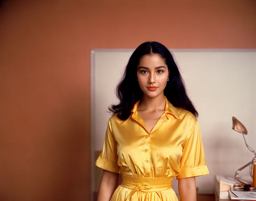 Woman in Yellow Dress with Short Sleeves Standing Against Light Background