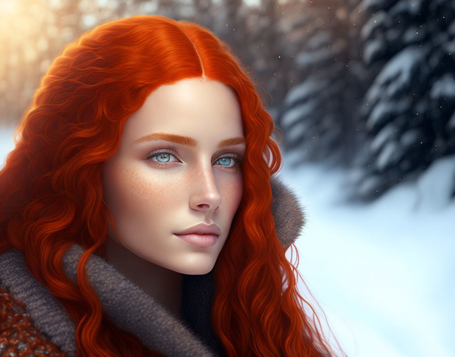 Vibrant red-haired woman in digital portrait with blue eyes on snowy backdrop