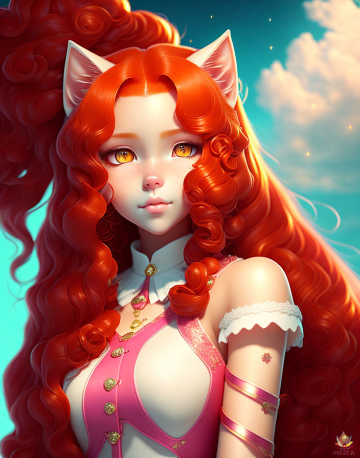 Female character with cat ears and red hair in pastel bodice against cloudy sky.