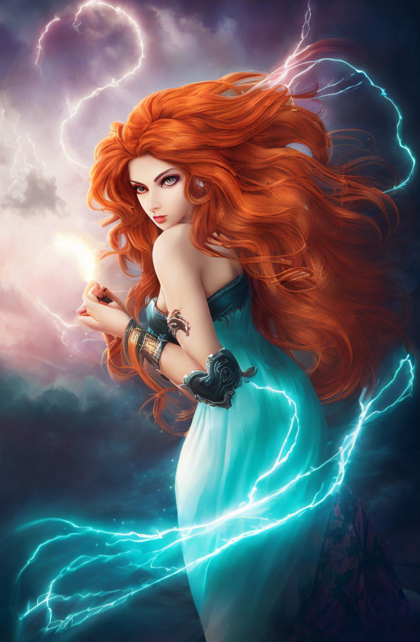 Digital illustration of woman with red hair summoning lightning in blue dress