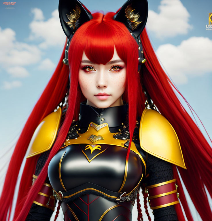 Red-haired female character with fox ears in golden and black armor - Illustration