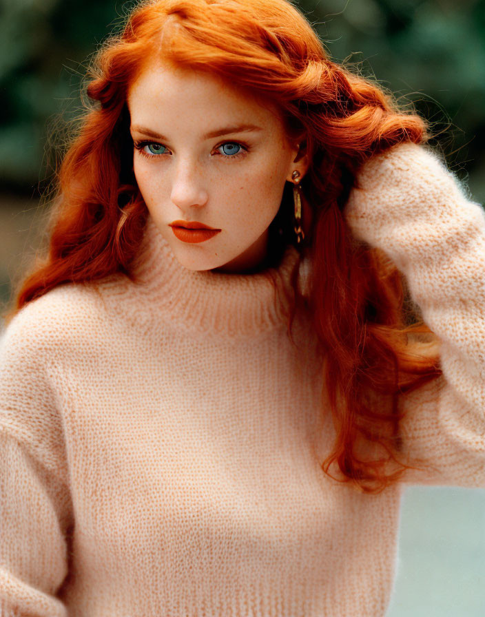 Red-haired woman in peach sweater and golden earrings poses with hand in hair