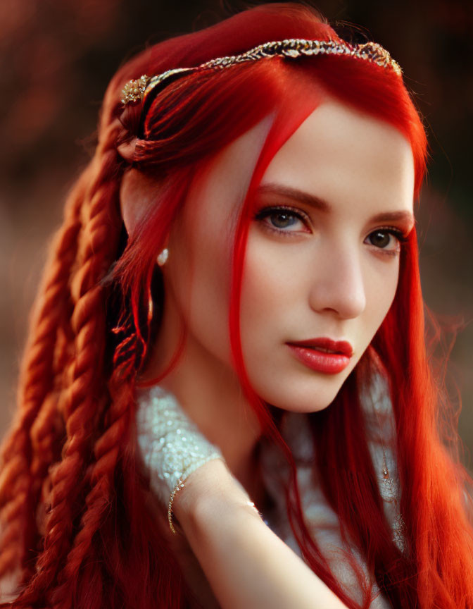 Vibrant red-haired woman with decorative headband in warm lighting