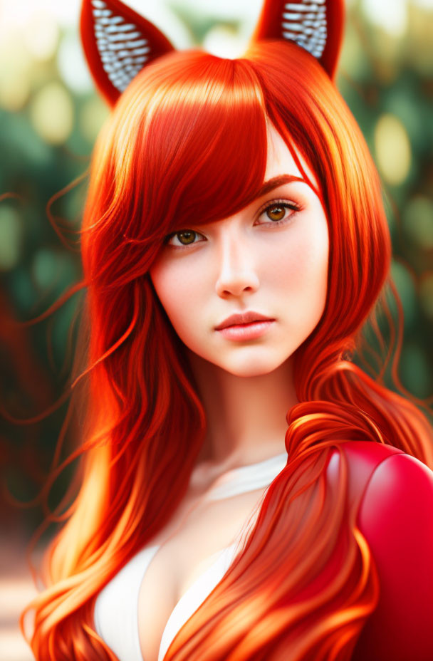 Vibrant red hair and fox ears in stylized digital portrait