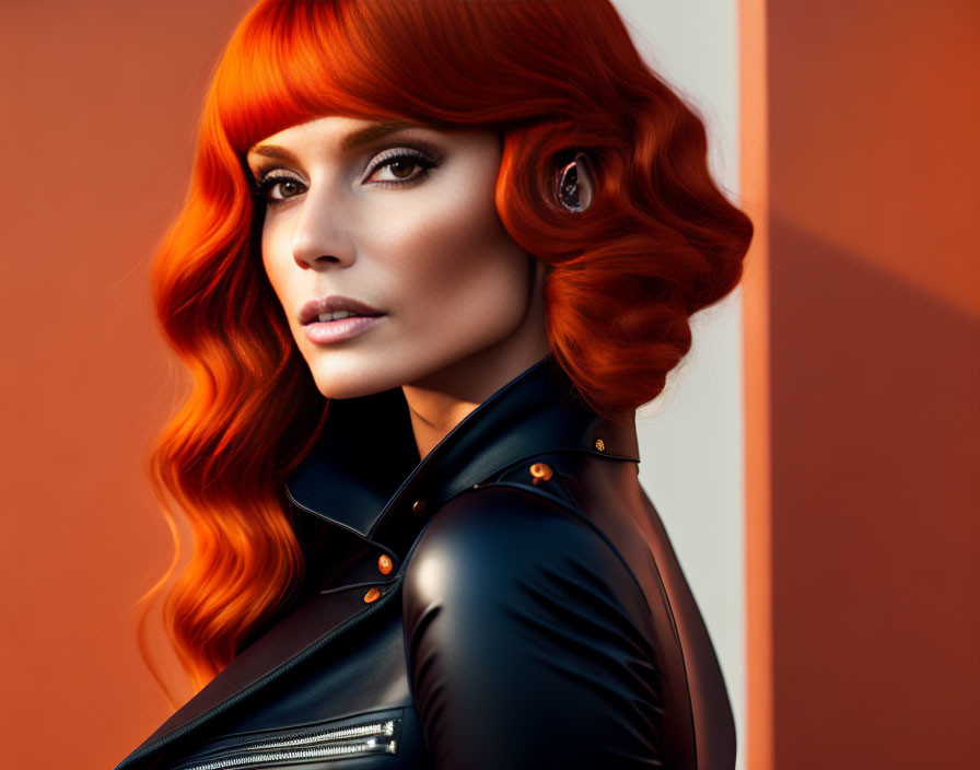 Striking red-haired woman in black leather outfit under warm lighting