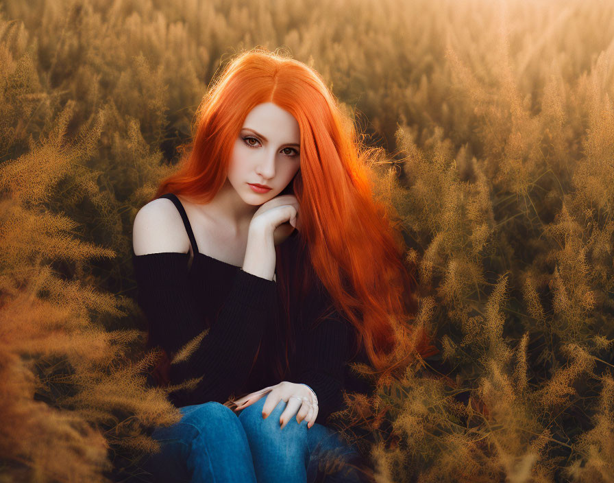 Red-haired woman sitting in golden field at sunset