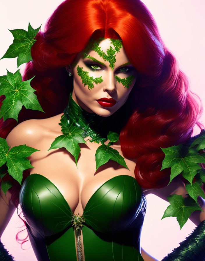 Vibrant red-haired woman in green leaf makeup and corset with ivy leaves embodies nature theme