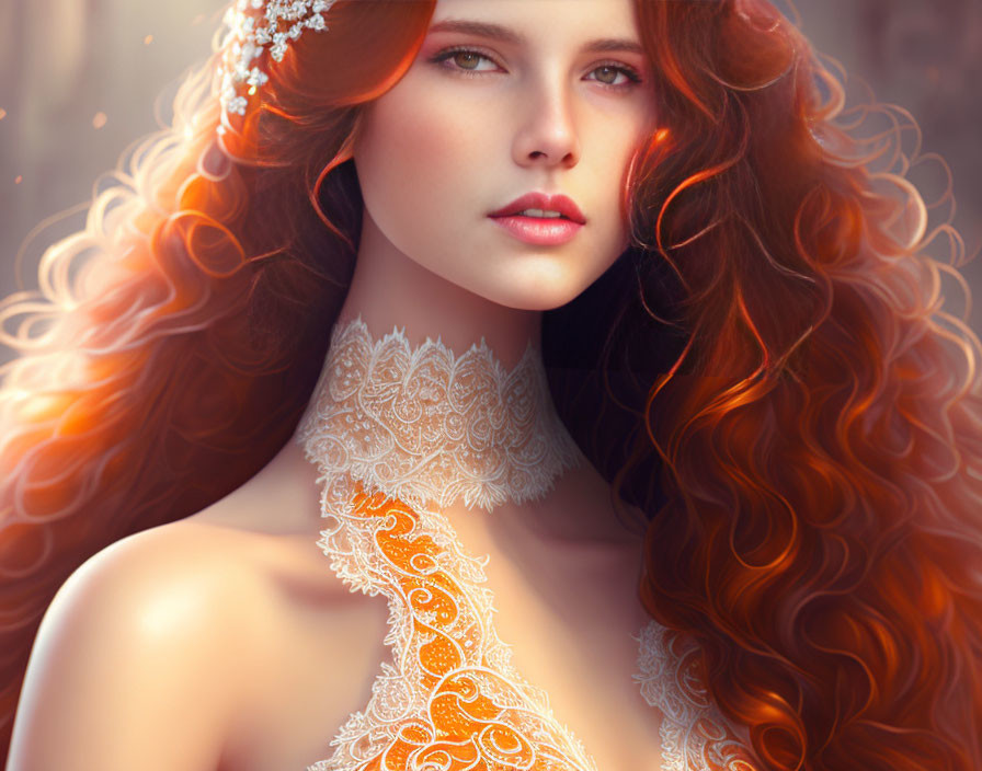 Red-haired woman in lace dress with elegant headpiece.