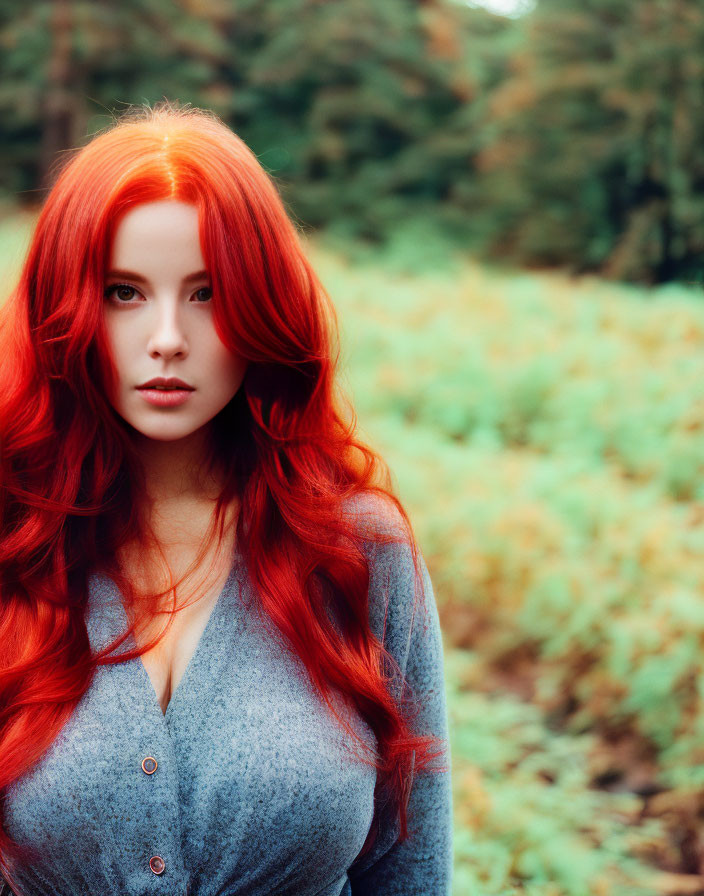 Red-haired woman in forest with lush greenery