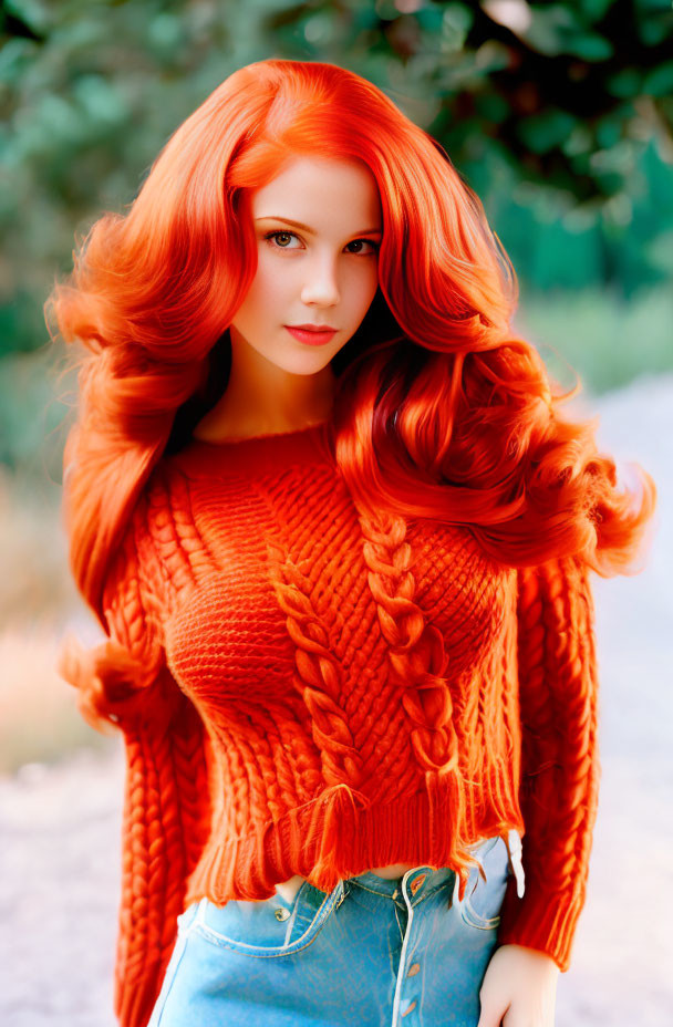 Vibrant red-haired woman in orange sweater and jeans poses outdoors