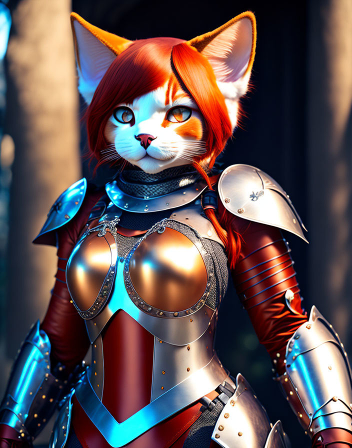 Anthropomorphic feline character in medieval armor with red accents on blurred background