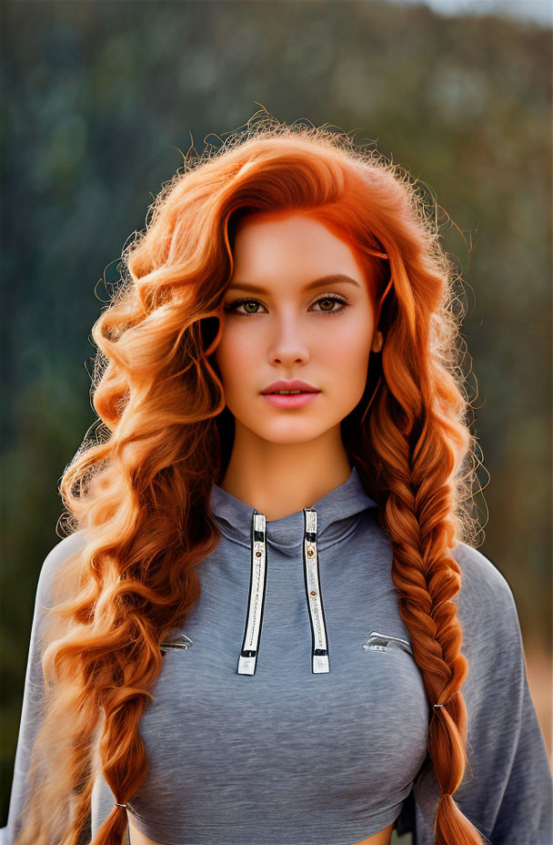 Red-haired woman in gray top against nature backdrop