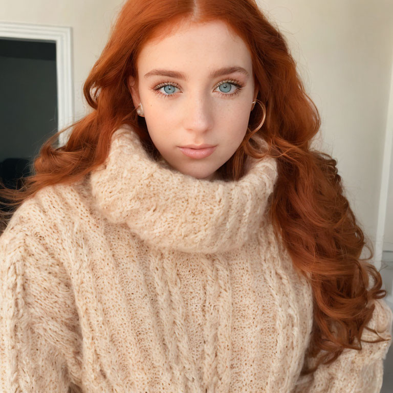 Red-haired woman in beige turtleneck sweater with blue eyes