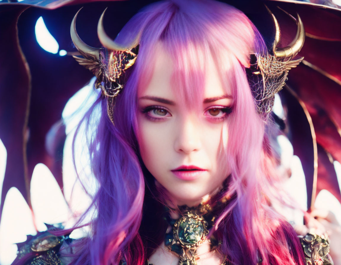 Pink-haired figure in fantasy armor with golden horns under mystical light