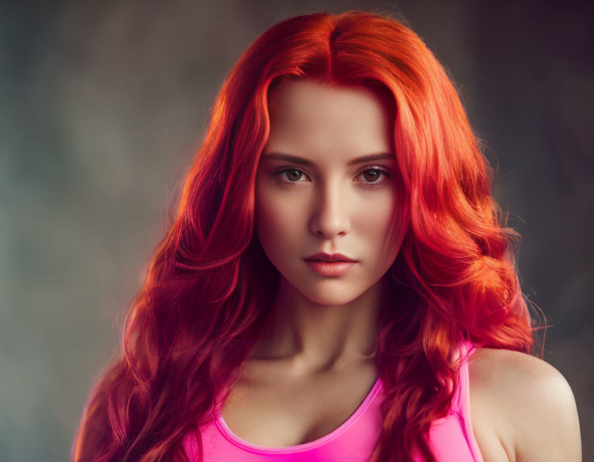 Vibrant red-haired woman in pink top against colorful backdrop