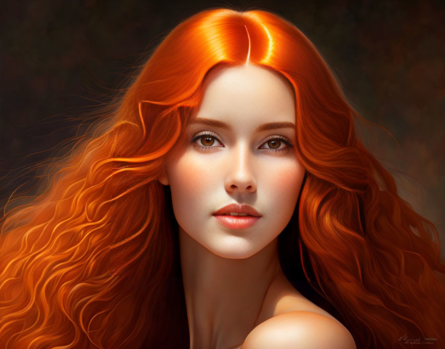 Vibrant woman portrait with flowing red hair on autumnal backdrop