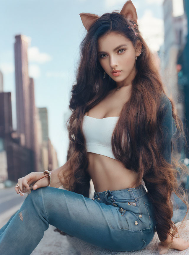 Woman with Cat Ears in White Top and Blue Jeans Sitting on City Street