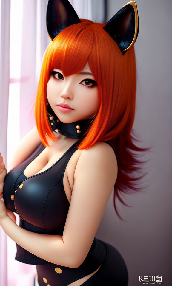 Digital Artwork: Woman with Orange Hair and Cat Ears in Black Bodysuit