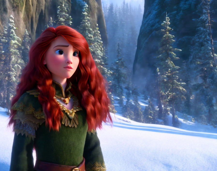 Red-Haired Girl in Green Medieval Dress Snowy Forest Animation