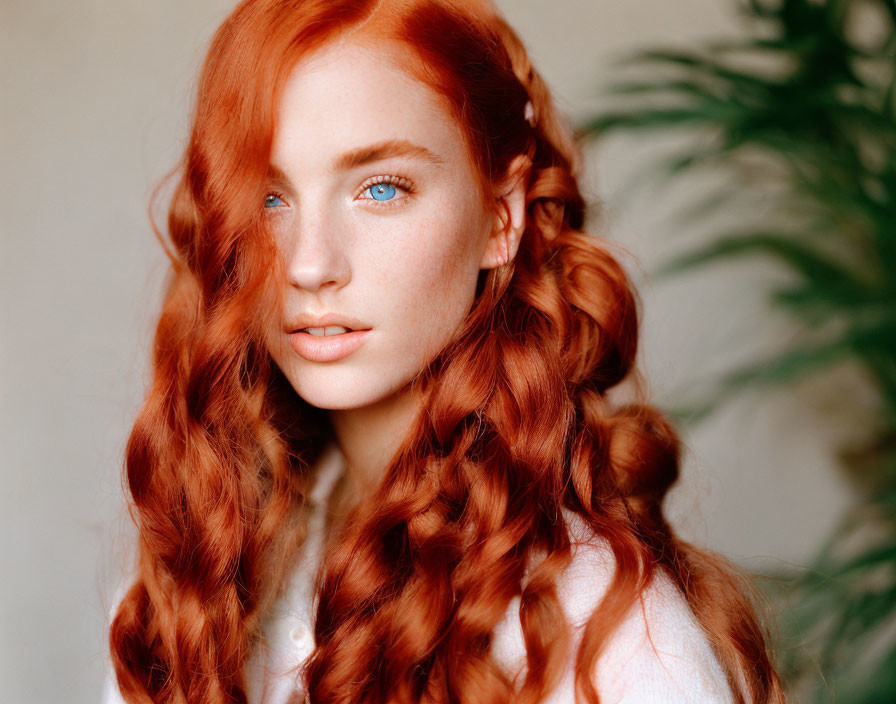 Woman with Long Wavy Red Hair and Blue Eyes on Neutral Background