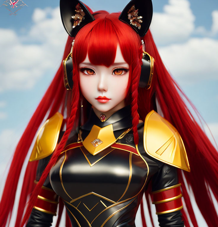 Red-haired figure with cat ears and golden headphones in futuristic outfit against blue sky